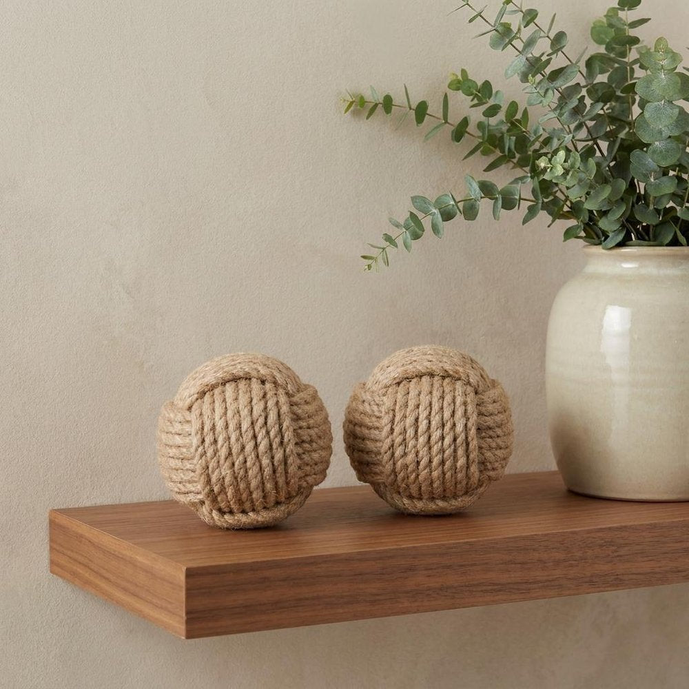 Set of Two Natural Jute Decorative Orb Tabletop Sculpture in a home interior