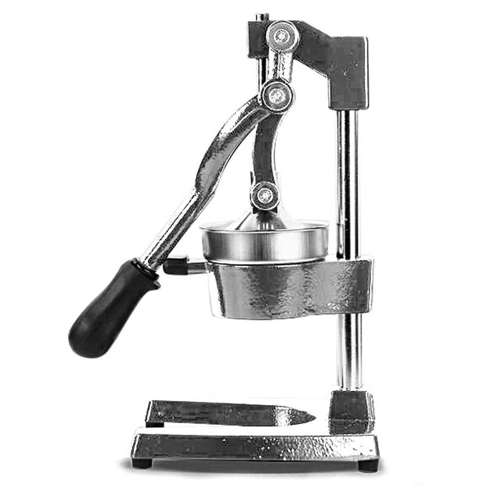Black and silver stainless steel manual juicer on a white background.