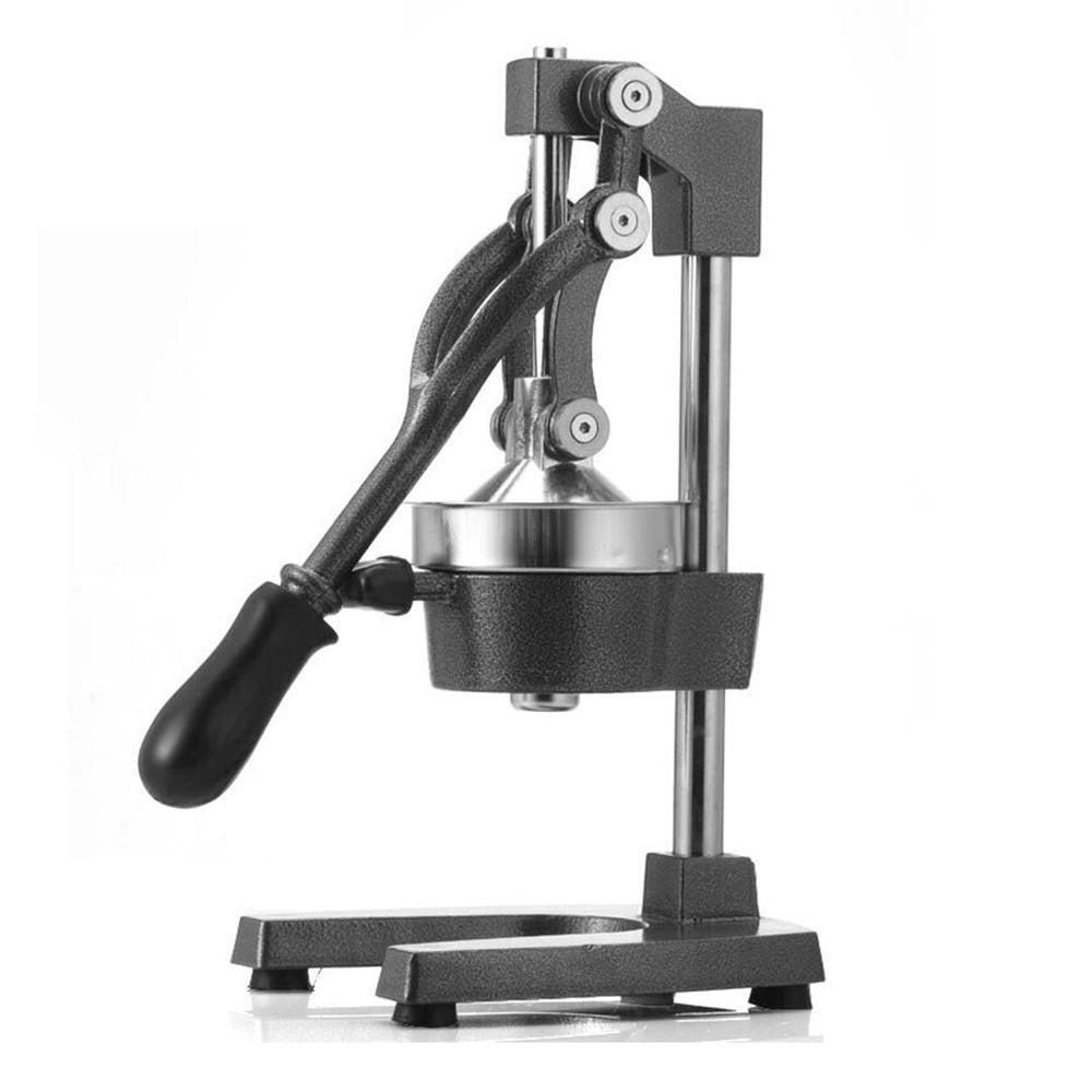 Black and silver stainless steel manual juicer on a white background.