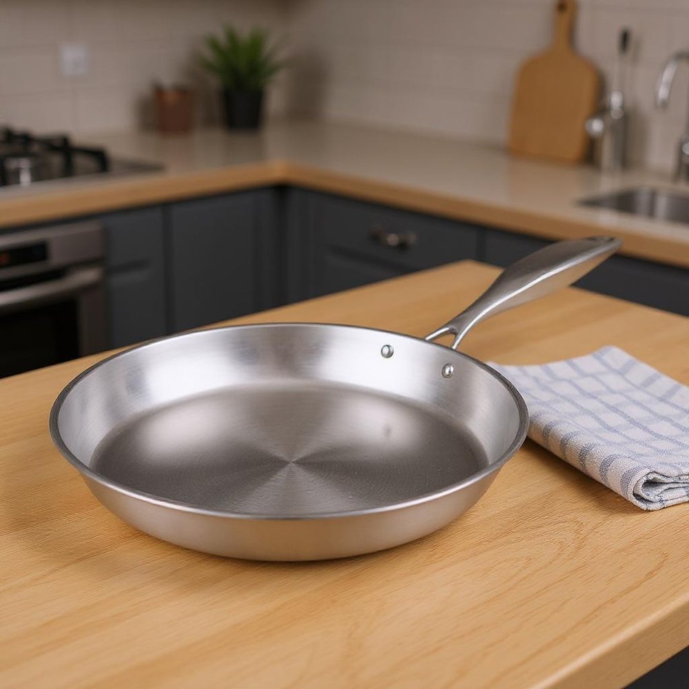 9" Silver Stainless Steel Frying Pan - 1.69" H x 8.66" W x 8.66" D