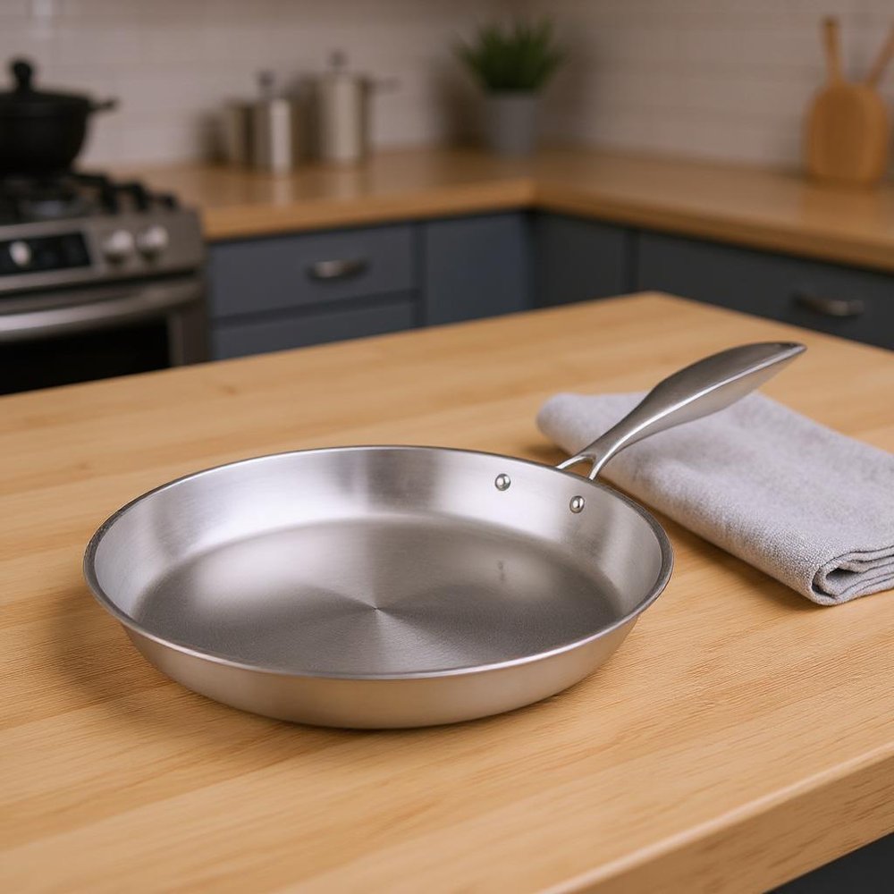 9" Silver Stainless Steel Frying Pan - 1.97" H x 9.45" W x 9.45" D