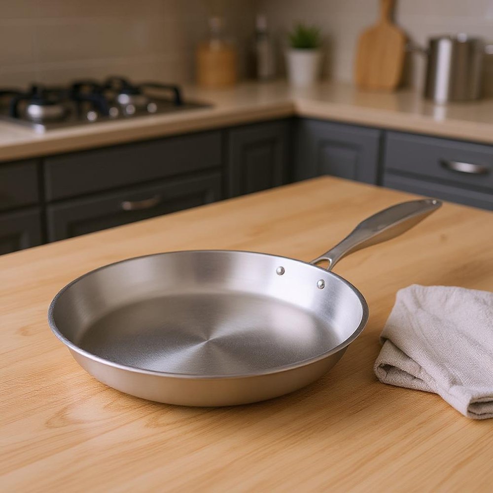 14" Silver Stainless Steel Frying Pan.