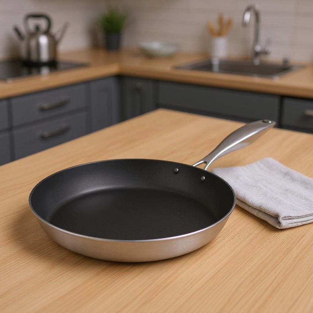 9" Black And Silver Stainless Steel Frying Pan - 1.69" H x 8.66" W x 8.66" D