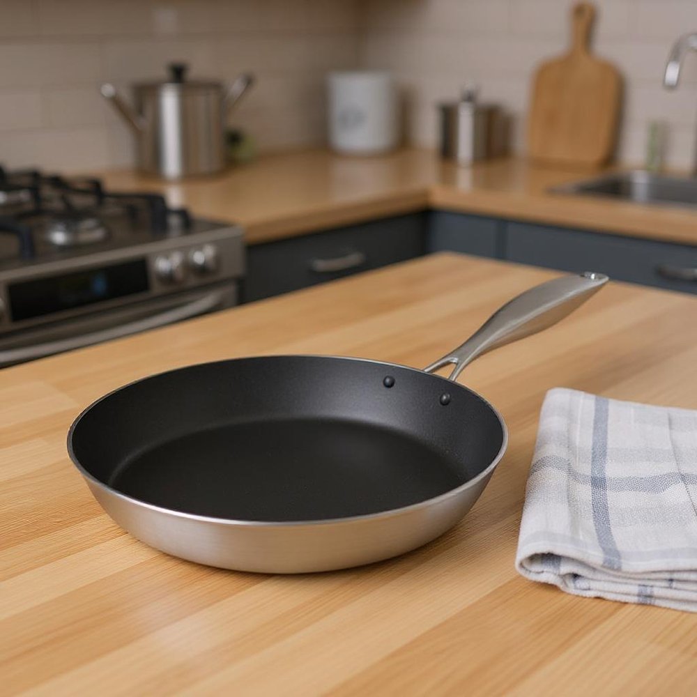 9" Black And Silver Stainless Steel Frying Pan - 1.97" H x 9.45" W x 9.45" D