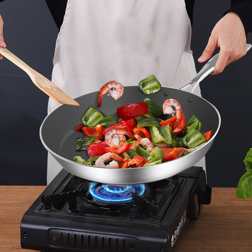 13" Black And Silver Stainless Steel Frying Pan