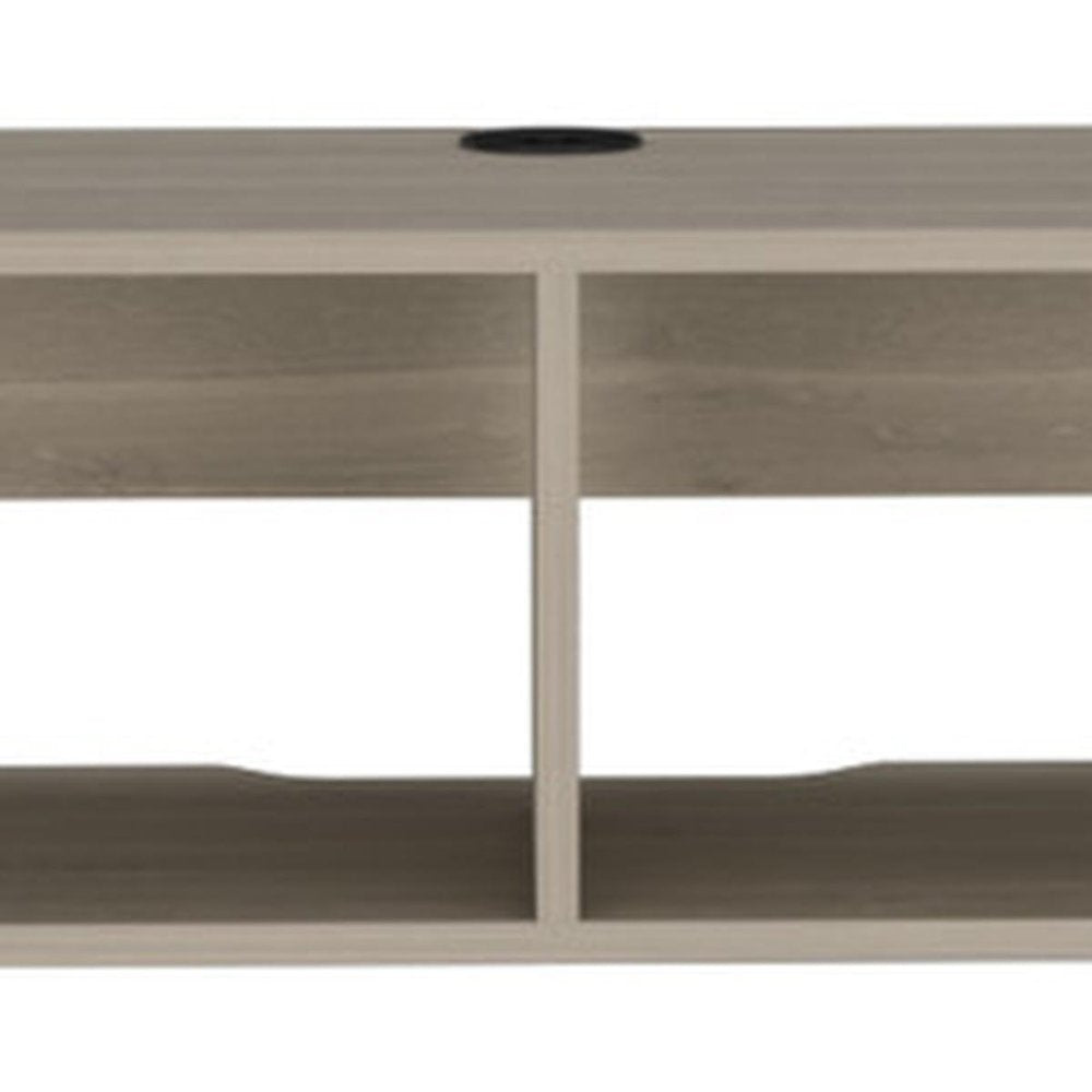 59" Beige Floating Mount TV Stand. TV stand isolated on a plain white background, in a beige wood finish.