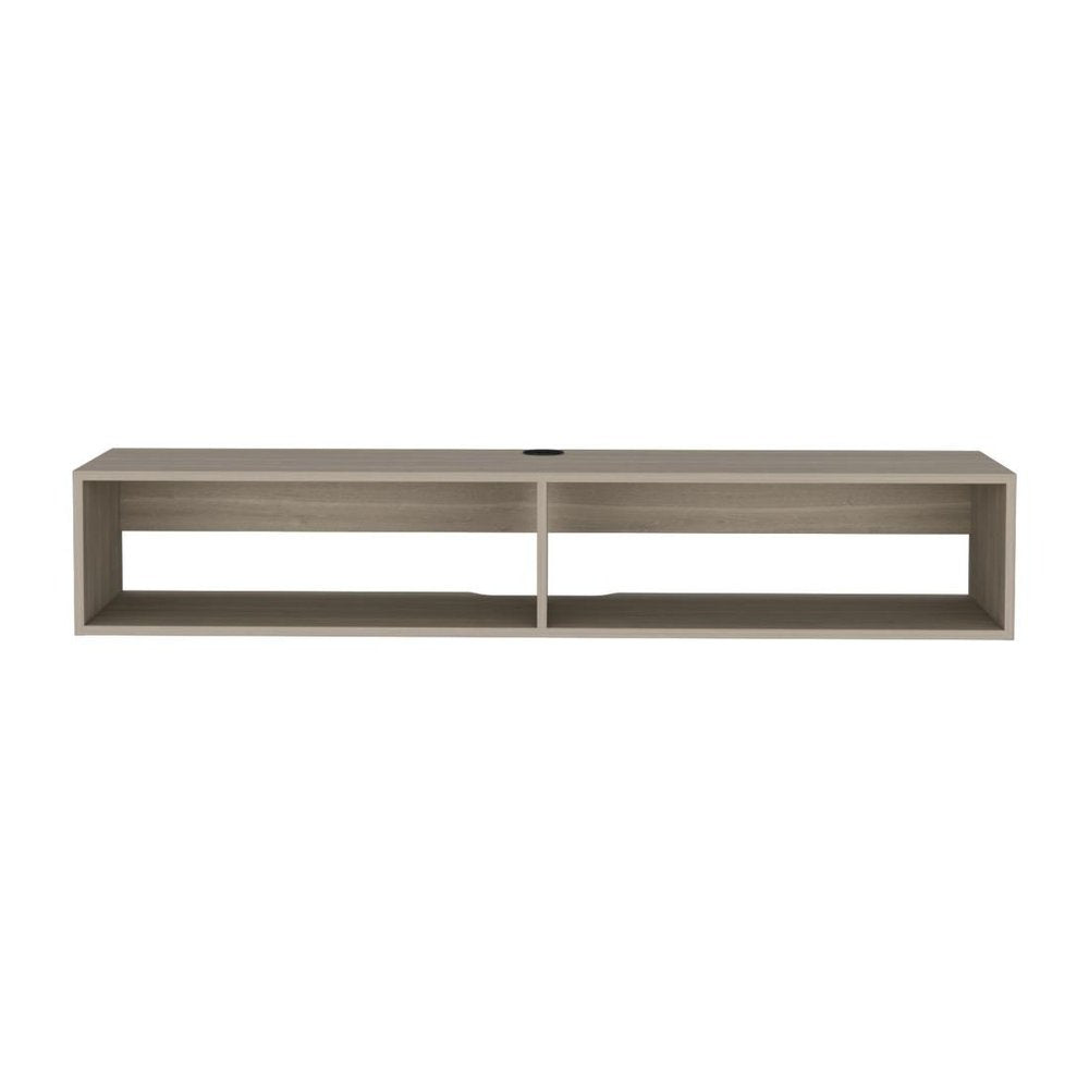 59" Beige Floating Mount TV Stand. TV stand isolated on a plain white background, showing a beige wood surface.