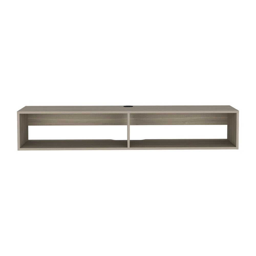 59" Beige Floating Mount TV Stand. TV stand isolated on a plain white background, finished in beige wood.