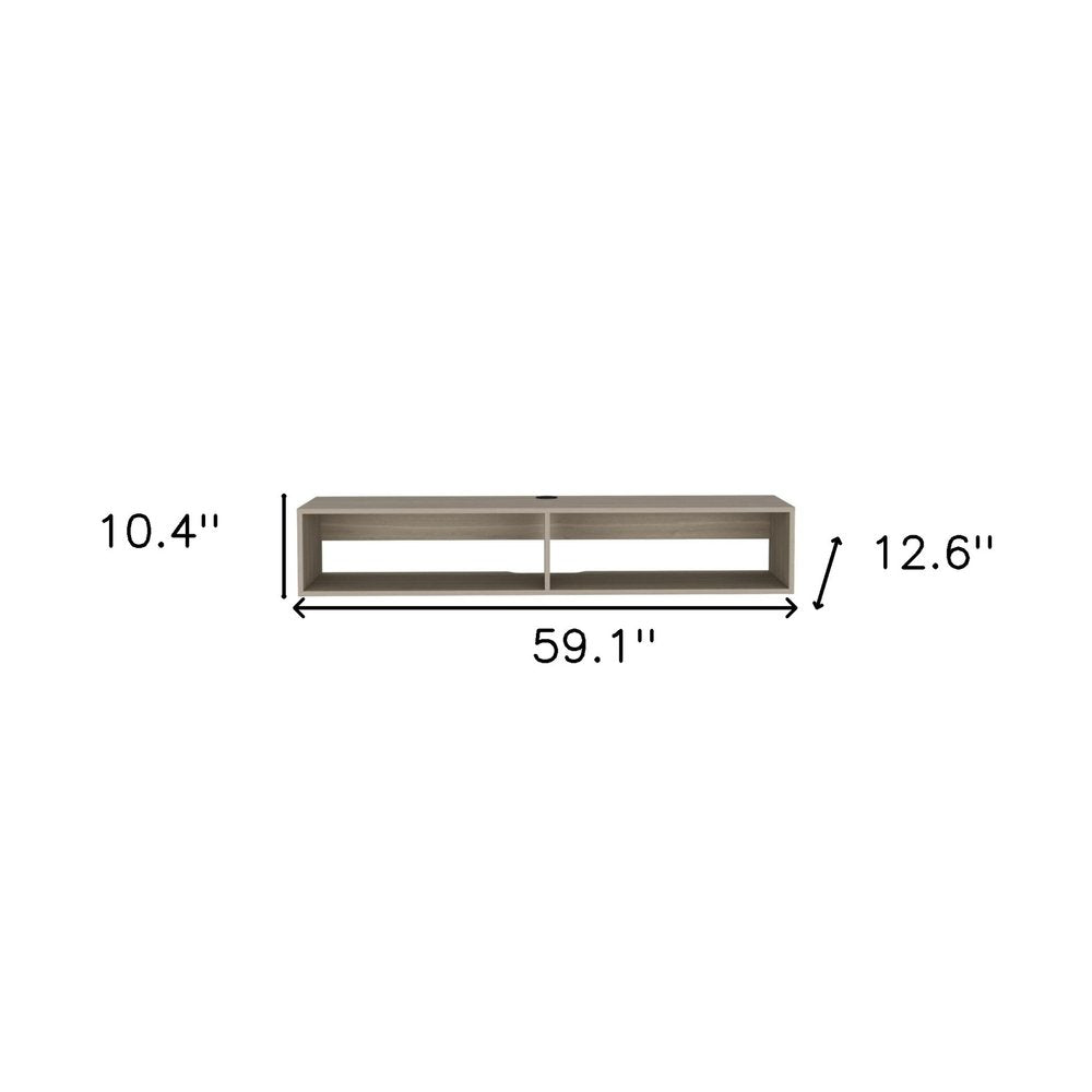 59" Beige Floating Mount TV Stand. TV stand isolated on a plain white background, showing a beige wood surface.