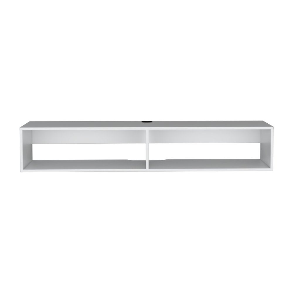 59" White Floating Mount TV Stand. TV stand isolated on a plain white background, finished in white wood.
