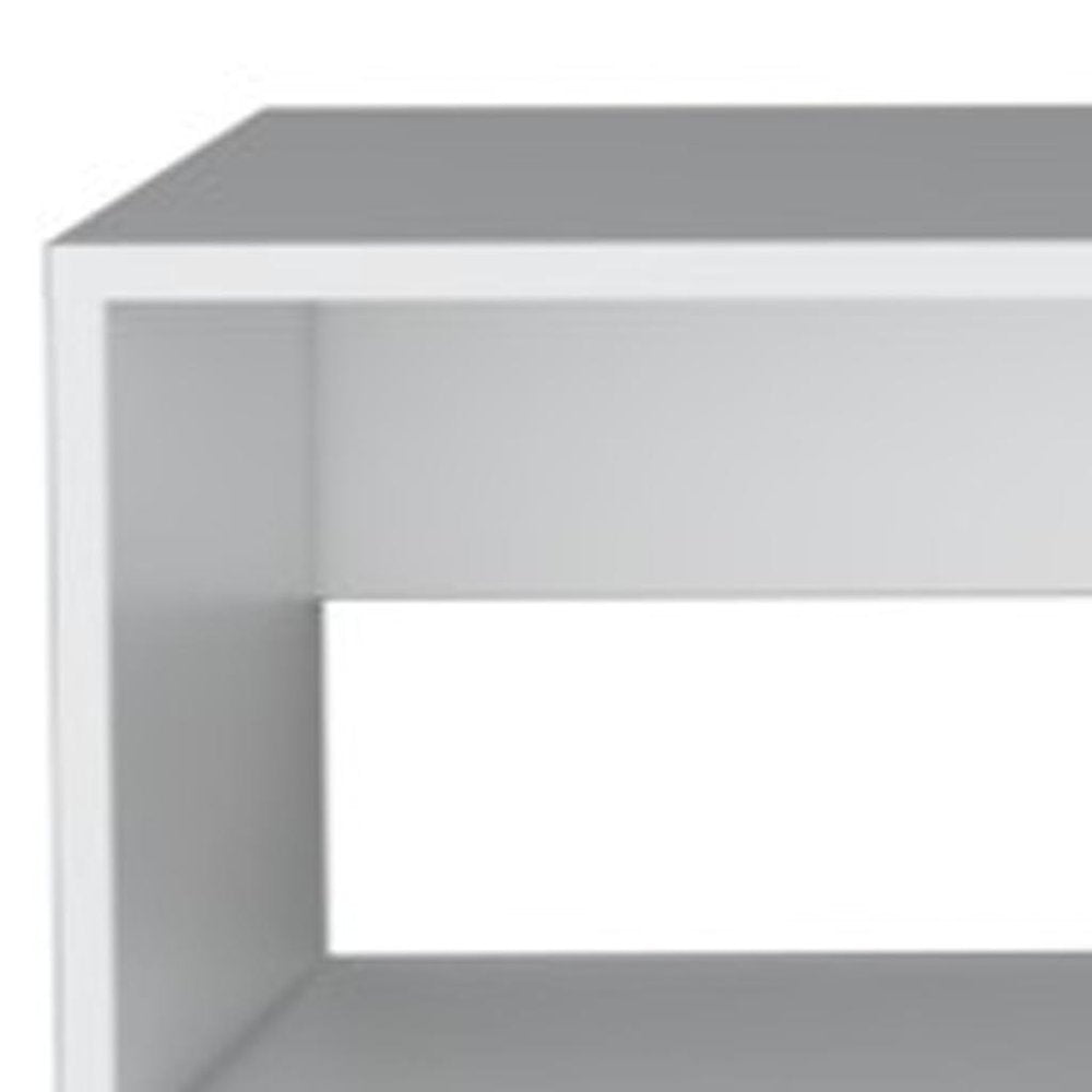 59" White Floating Mount TV Stand. TV stand isolated on a plain white background, in a white wood finish.