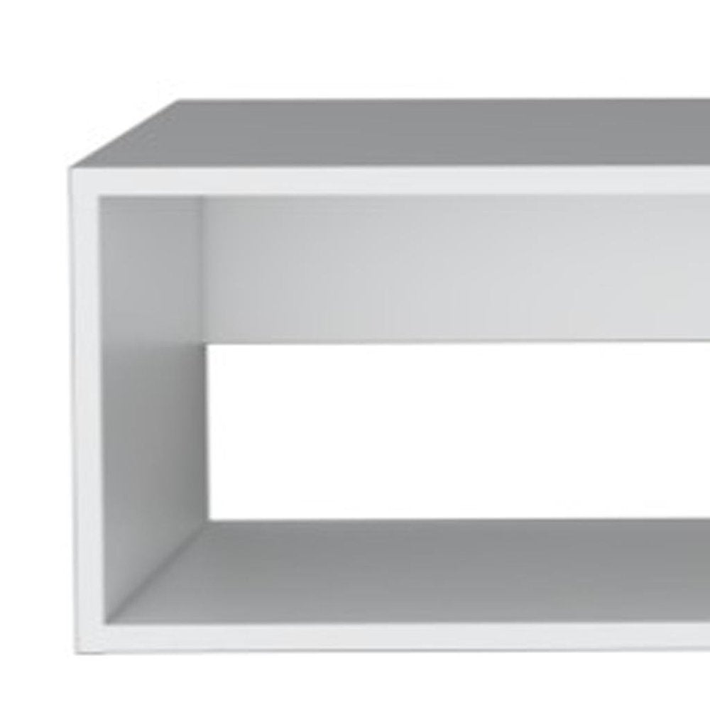 59" White Floating Mount TV Stand. TV stand isolated on a plain white background, showing a white wood surface.