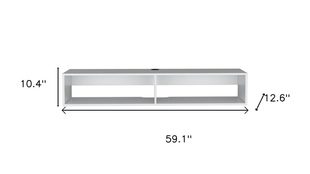 59" White Floating Mount TV Stand. TV stand isolated on a plain white background, in a white wood finish.