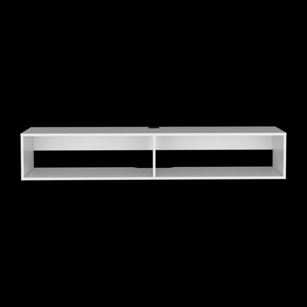 59" White Floating Mount TV Stand photographed against a dark studio background in white.