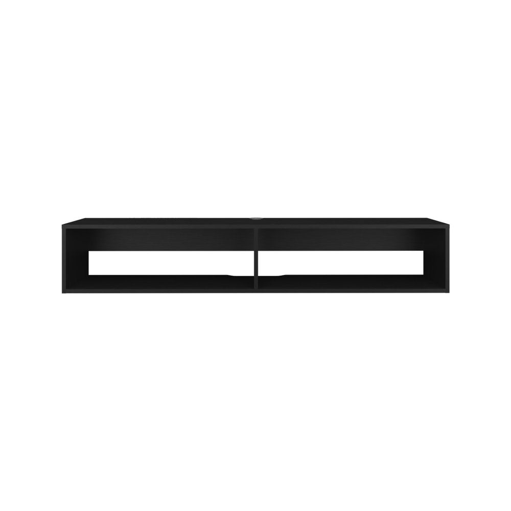 59" Black Floating Mount TV Stand. TV stand isolated on a plain white background, finished in black wood.