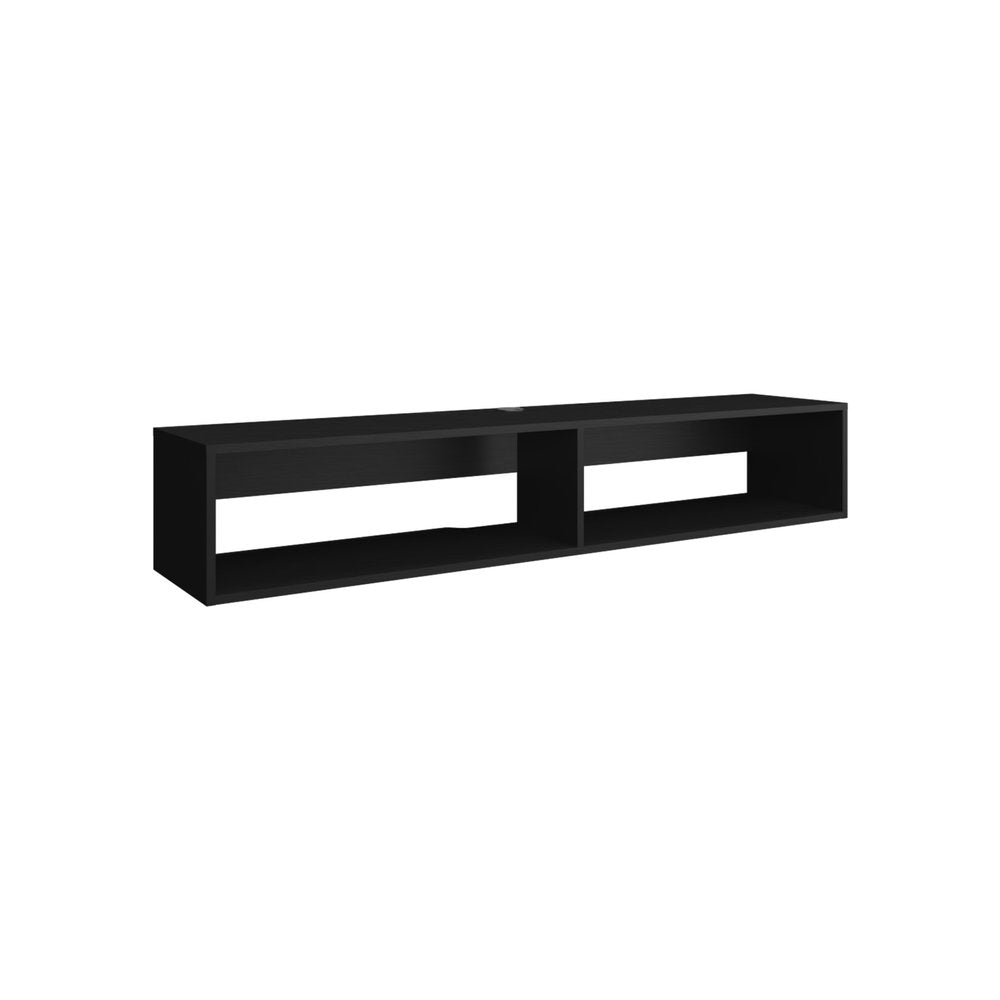 59" Black Floating Mount TV Stand. TV stand isolated on a plain white background, showing a black wood surface.