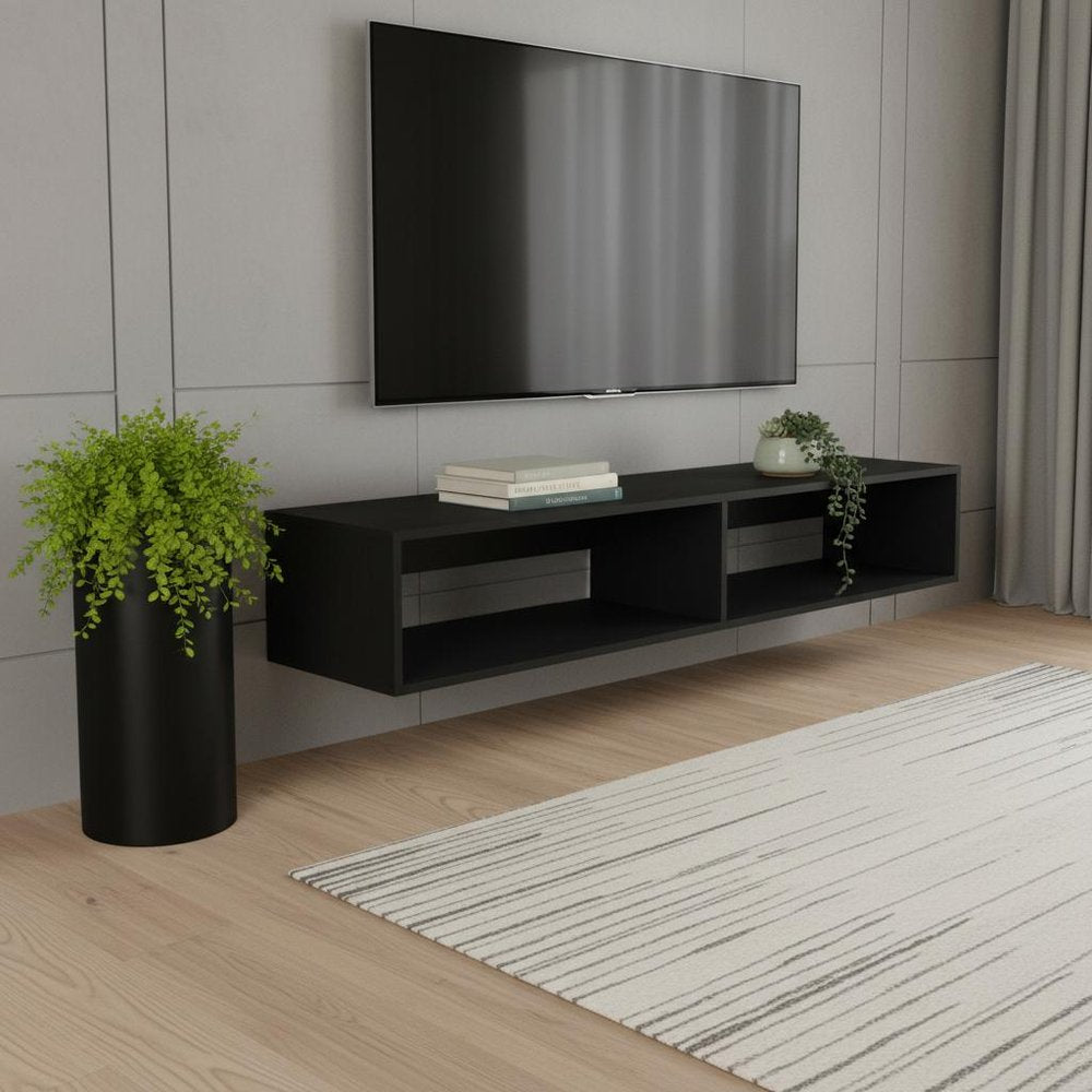59" Black Floating Mount TV Stand styled in a furnished interior with a gray wall on a wood floor.