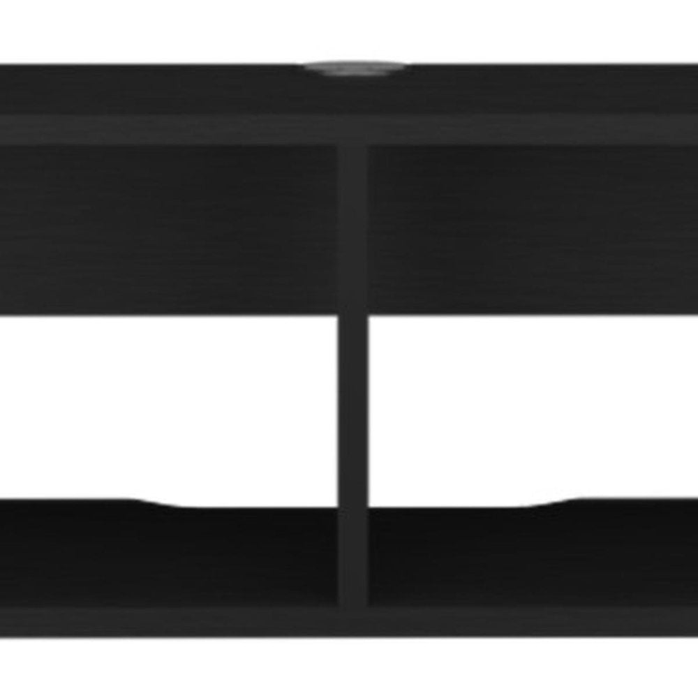 59" Black Floating Mount TV Stand. TV stand isolated on a plain white background, finished in black wood.