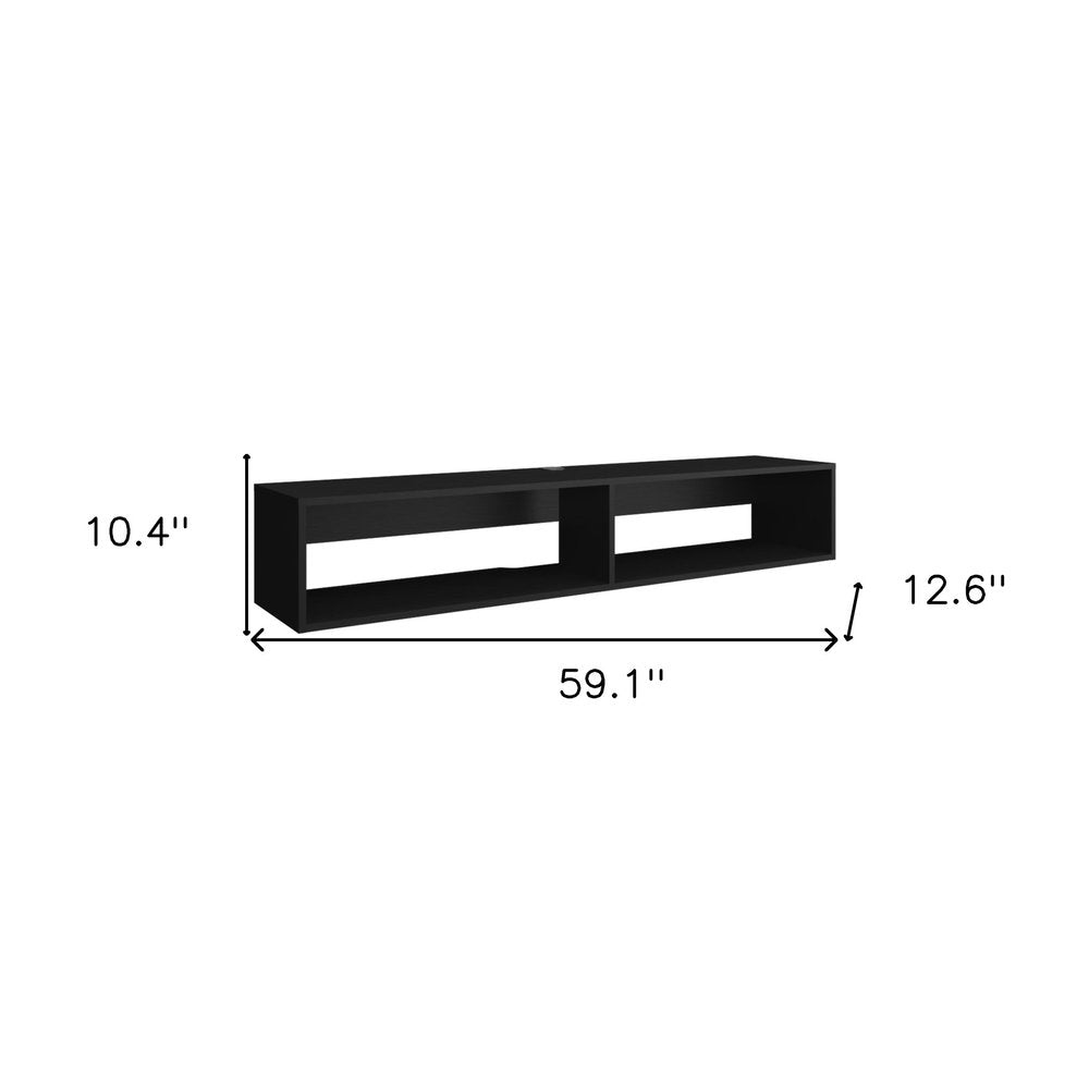 59" Black Floating Mount TV Stand. TV stand isolated on a plain white background, in a black wood finish.