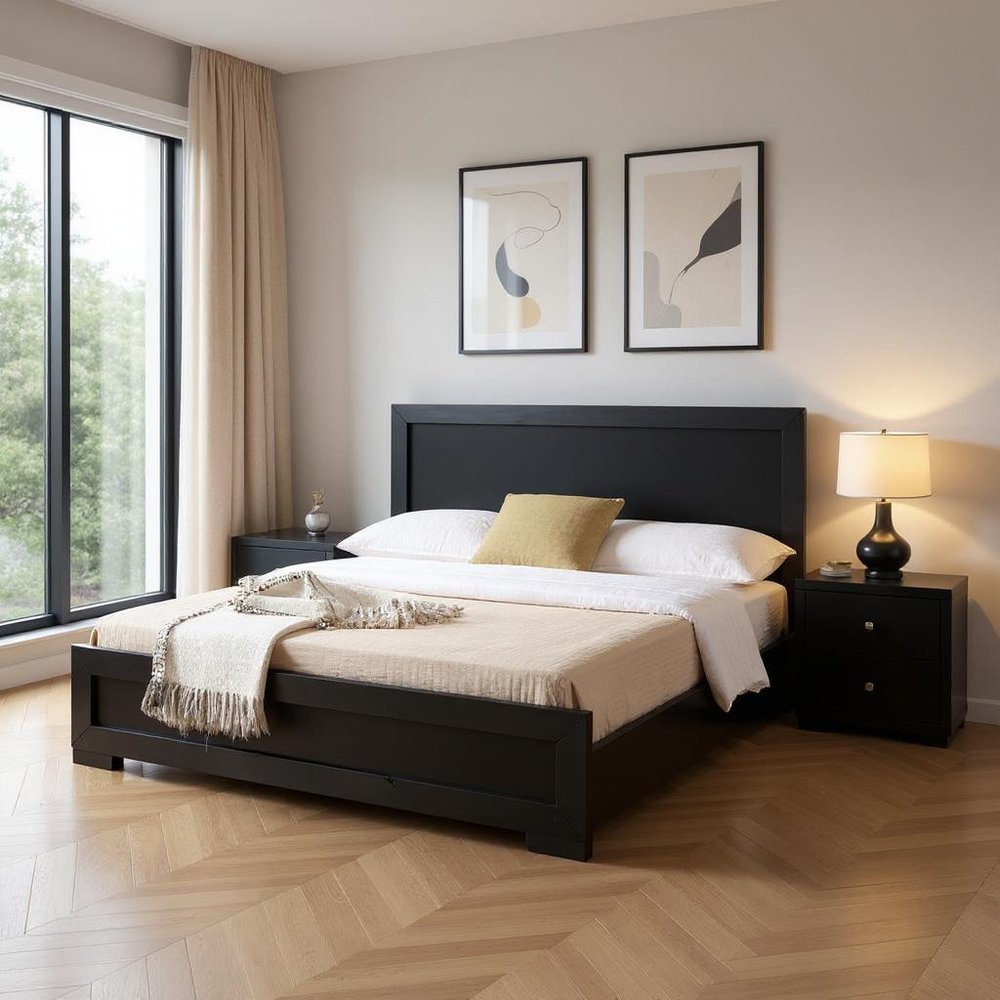 Two Piece Black Solid and Manufactured Wood Bedroom Set - with Bed and Nightstand in a home interior