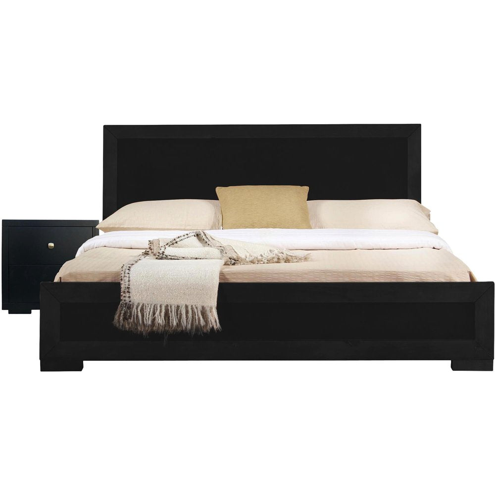 Black solid and manufactured wood bedroom set with a bed and nightstand against a white background.