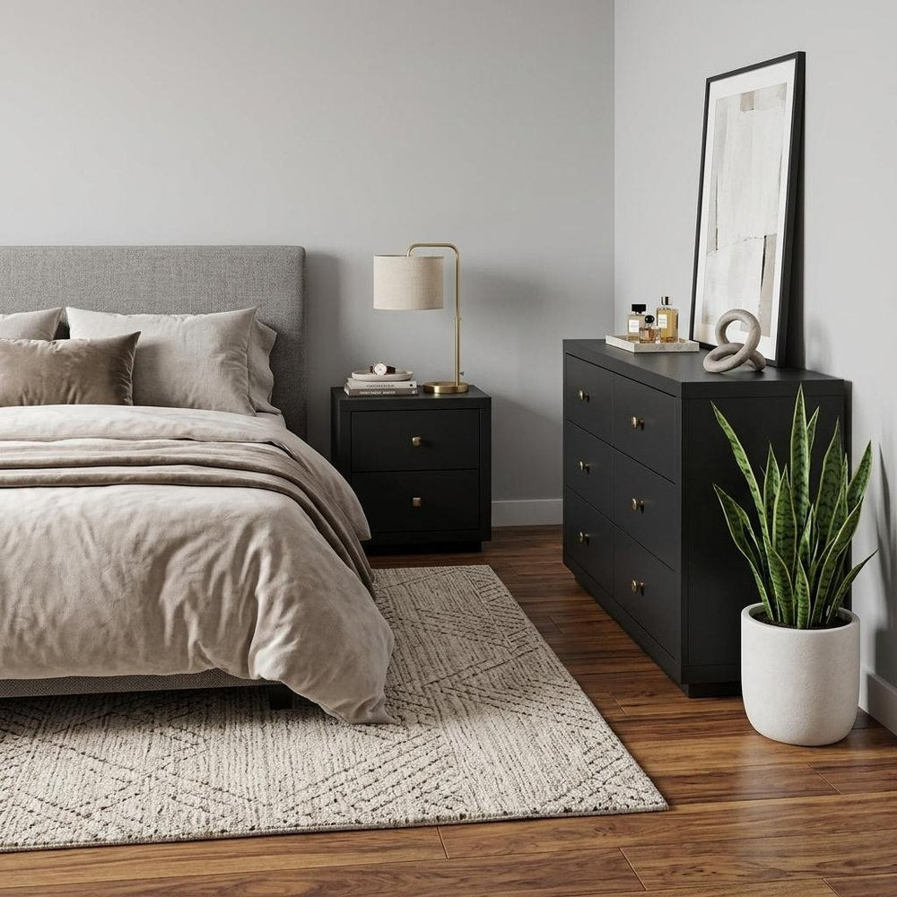 Two Piece Black Solid and Manufactured Wood Bedroom Set - 39" H x 79.2" W x 82.3" D in a home interior