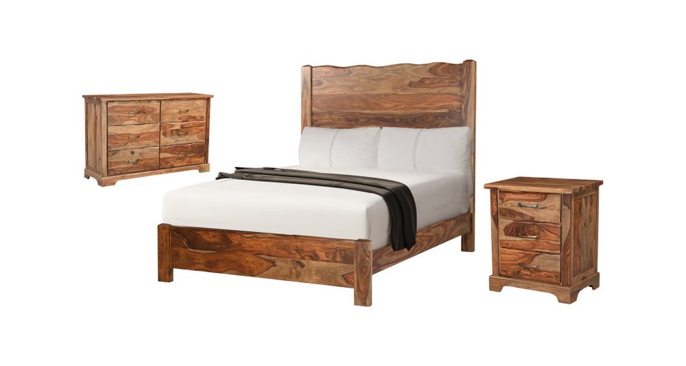 Three Piece Brown Solid Wood Bedroom Set on a white background
