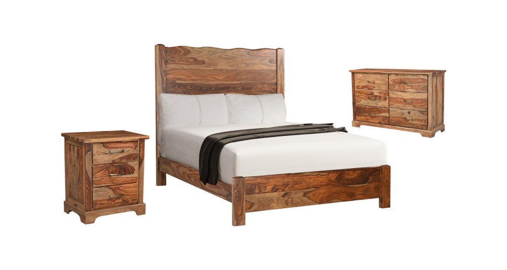 Three Piece Brown Solid Wood Bedroom Set on a white background