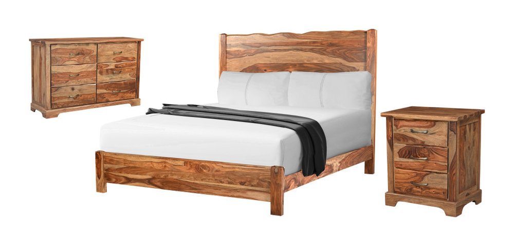 Three Piece Brown Solid Wood Bedroom Set on a white background