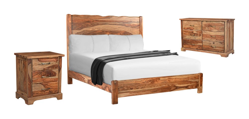 Three Piece Brown Solid Wood Bedroom Set on a white background