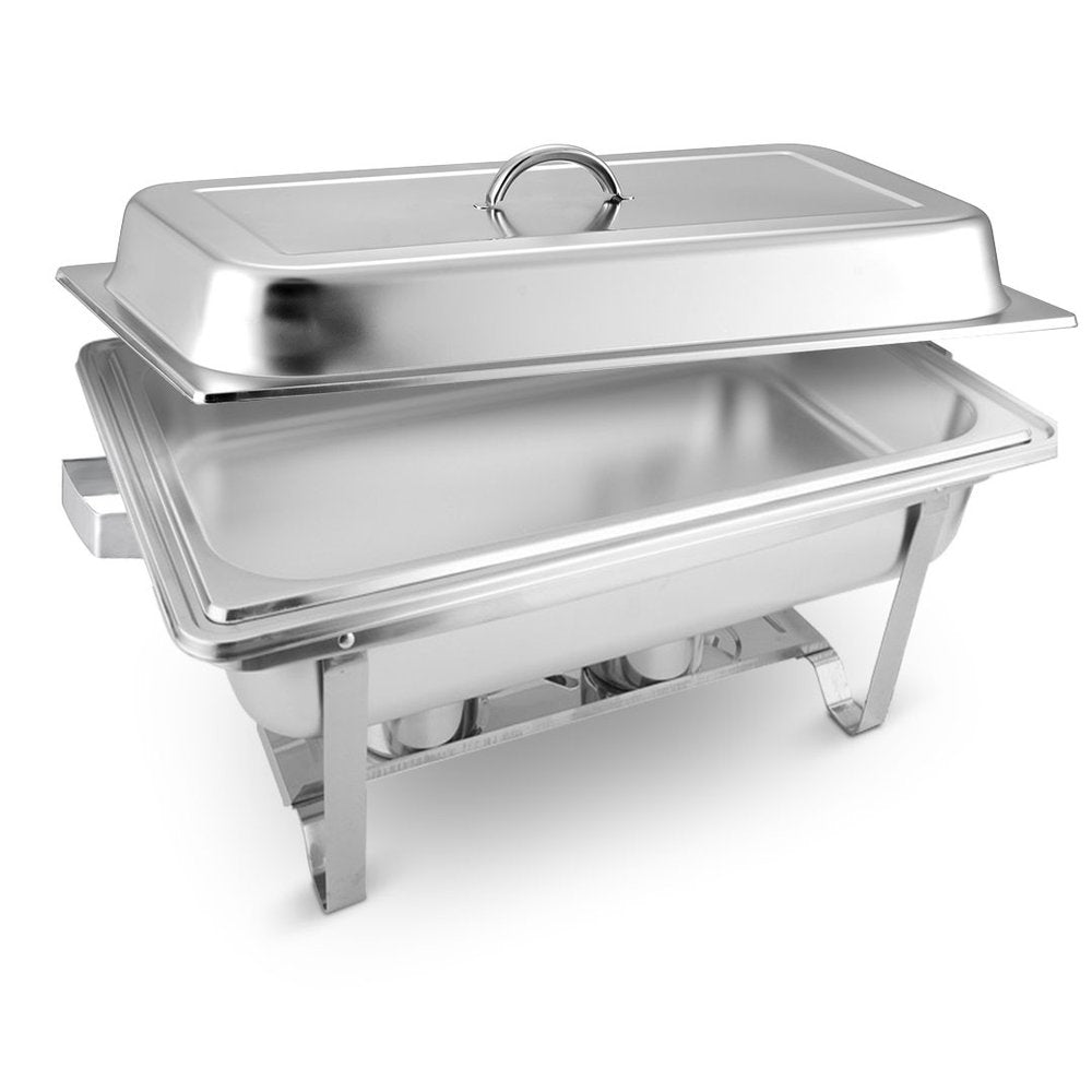 Silver stainless steel chafing dish with a stand and lid on a white background.