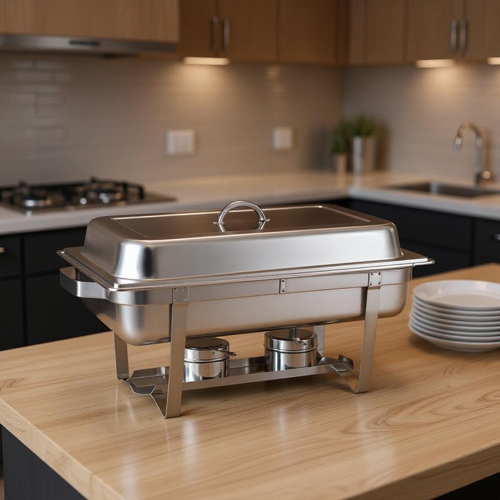 9" Silver Stainless Steel Chafing Dish With Stand - with Rectangular Shape