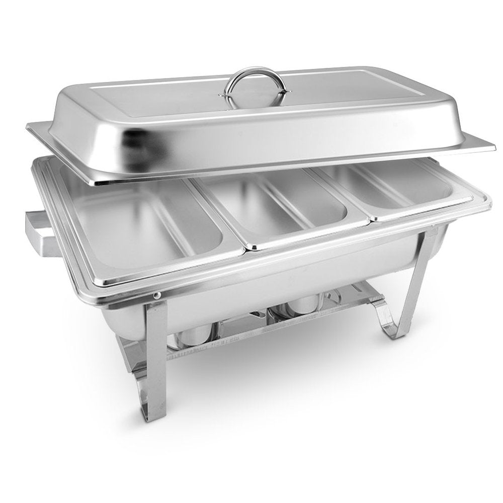 Silver stainless steel chafing dish with stand and lid, on a white background.