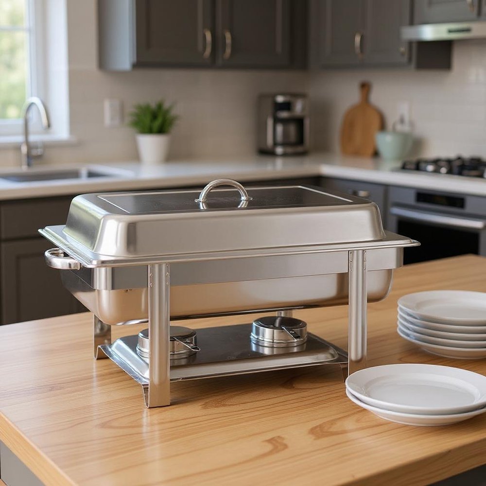 9" Silver Stainless Steel Chafing Dish With Stand - SKU 569492 in a home interior