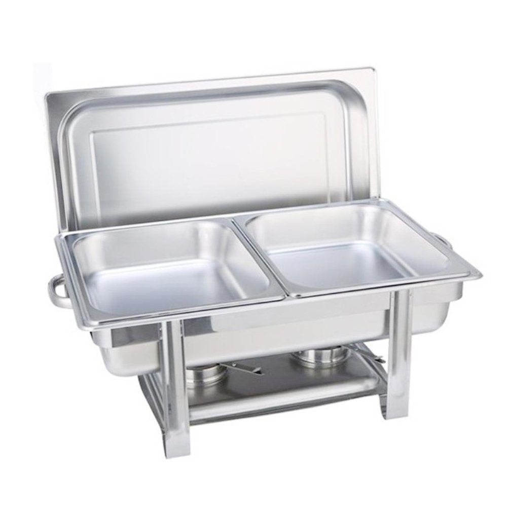 Silver stainless steel chafing dish with two compartments and a stand, on a white background.