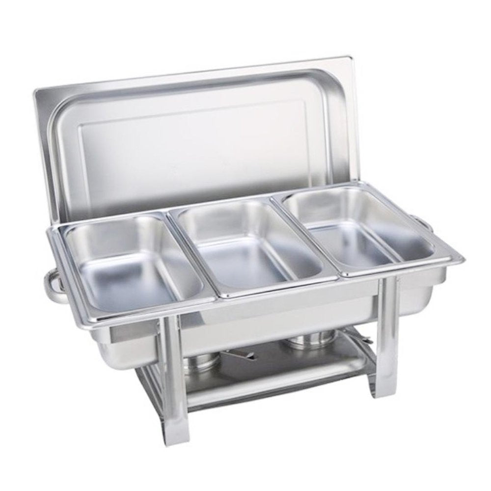 Silver stainless steel chafing dish with a stand and three compartments, shown against a white background.