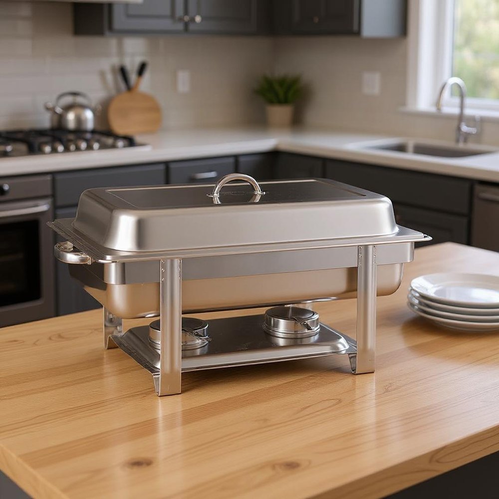 9" Silver Stainless Steel Chafing Dish With Stand - SKU 569494 in a home interior