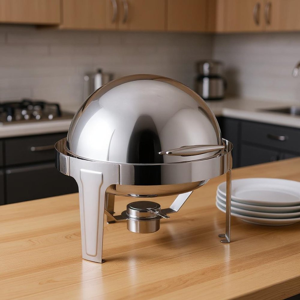 19" Silver Stainless Steel Chafing Dish With Stand. Kitchen accessory in silver metal.