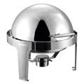 Silver stainless steel chafing dish with a domed lid and stand, featuring a fuel burner underneath, on a white background.