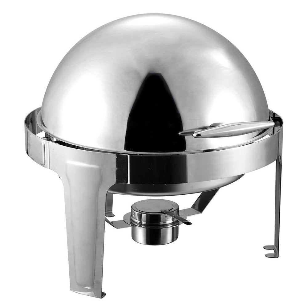 Silver stainless steel chafing dish with a domed lid and stand, featuring a fuel burner underneath, on a white background.