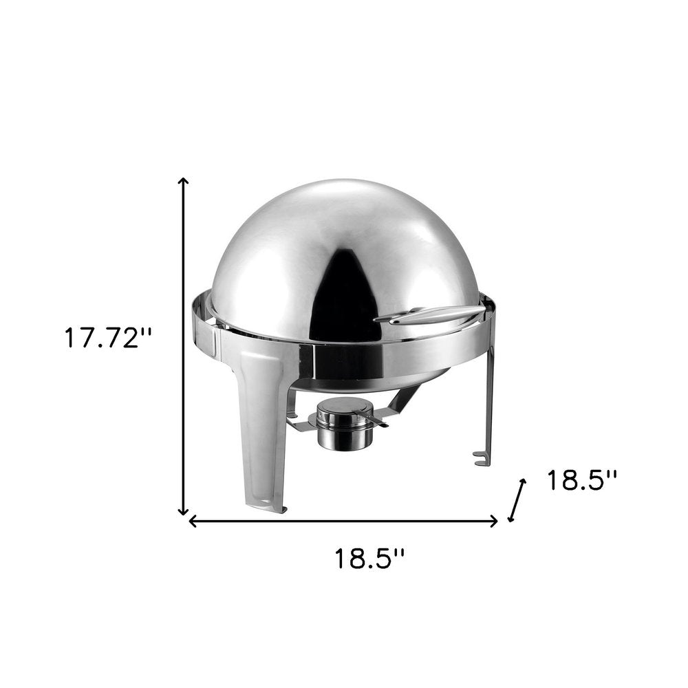 19" Silver Stainless Steel Chafing Dish With Stand. Kitchen accessory isolated on a plain white background, in a silver metal finish.