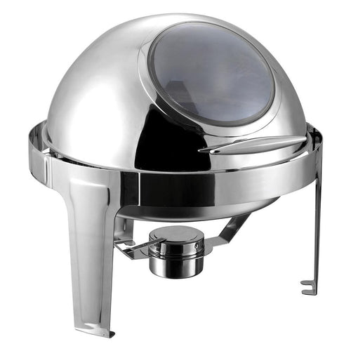 Silver stainless steel chafing dish with a domed lid and a visible fuel burner on a white background.