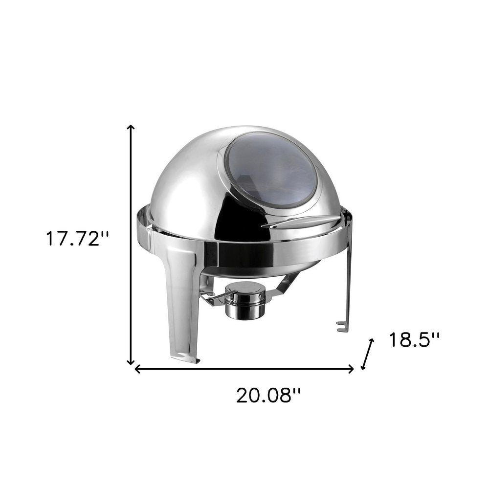 20" Silver Stainless Steel Chafing Dish With Stand. Kitchen accessory isolated on a plain white background, showing a silver metal surface.