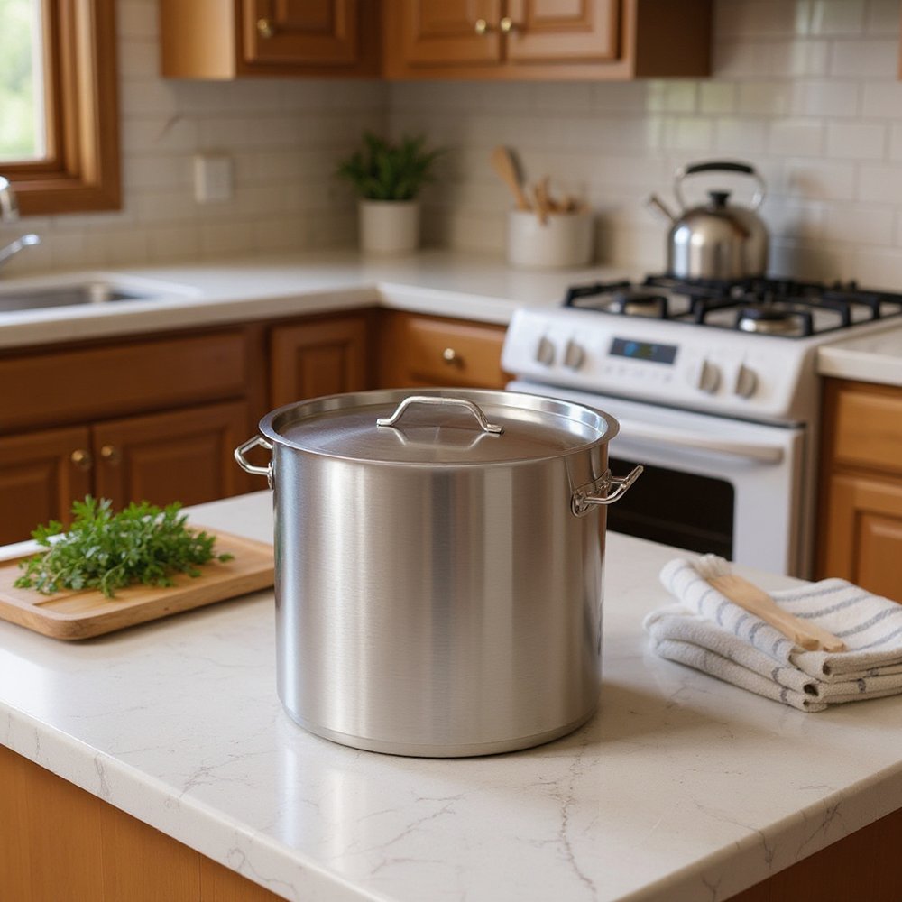 14" Silver Stainless Steel Stock Pot - 13.78" H x 13.78" W x 13.78" D. Kitchen accessory in silver metal.