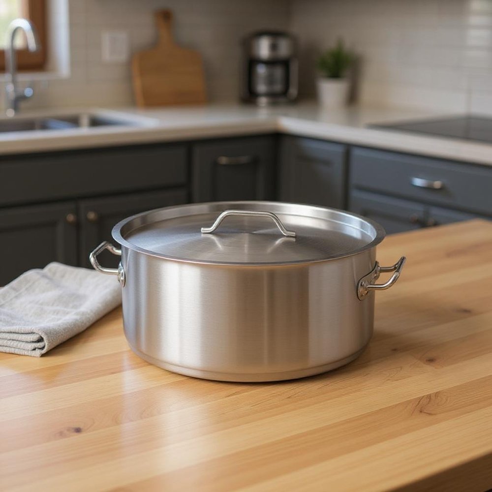 16" Silver Stainless Steel Stock Pot - 10.24" H x 15.75" W x 10.24" D styled in a furnished interior with a dark brown wall on a wood floor.