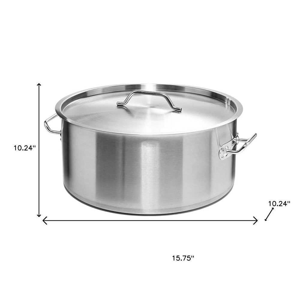 16" Silver Stainless Steel Stock Pot - 10.24" H x 15.75" W x 10.24" D. Kitchen accessory isolated on a plain white background, finished in silver metal.