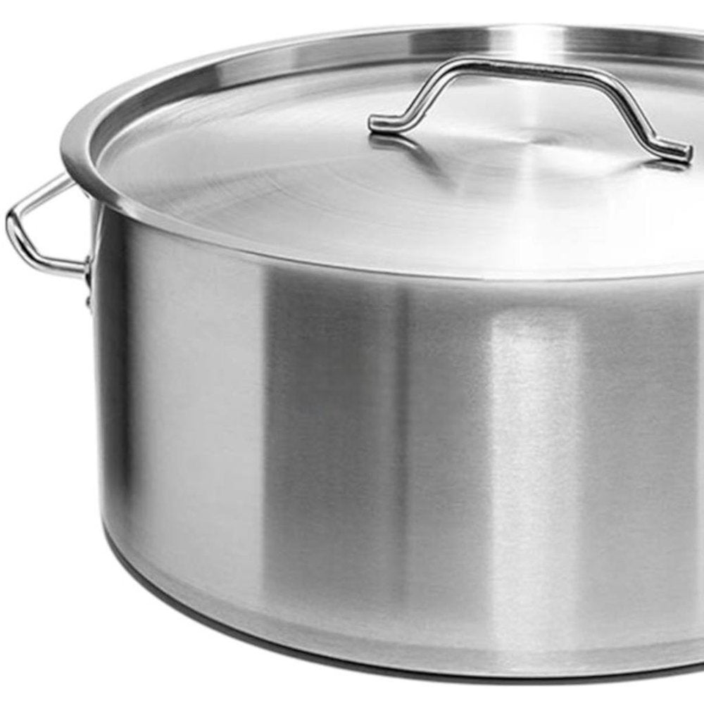 16" Silver Stainless Steel Stock Pot - 10.24" H x 15.75" W x 10.24" D. Kitchen accessory isolated on a plain white background, in a silver metal finish.