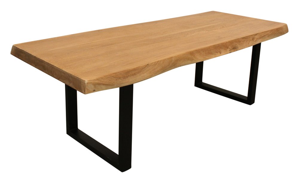 A natural solid wood live edge coffee table with black iron legs on a white background.