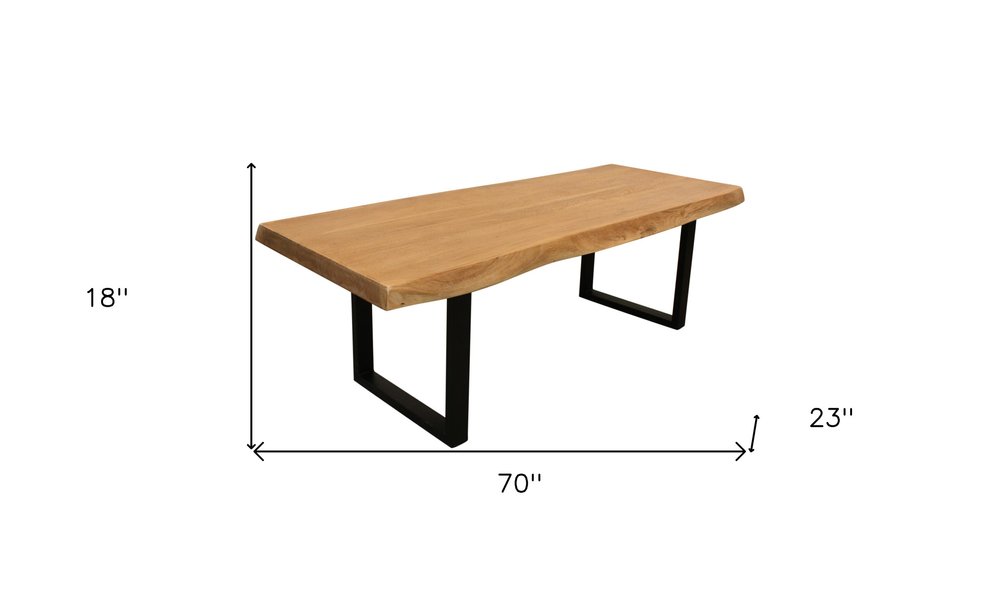 70" Natural And Black Solid Wood And Iron Live Edge Coffee Table on a white background