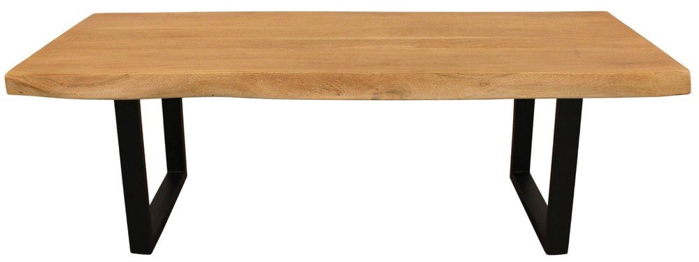 A natural solid wood live edge coffee table with black iron legs on a white background.